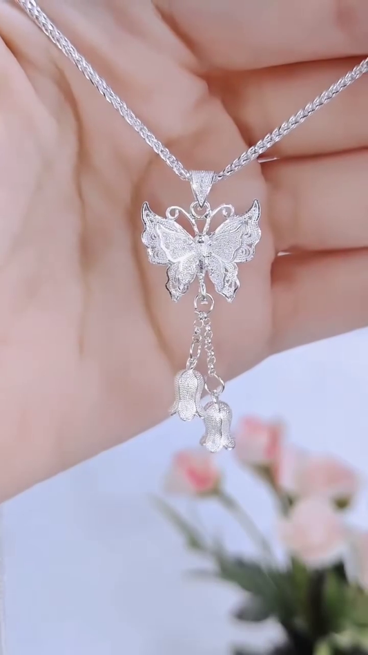 Elegant Sterling Silver Double Layer Chain Necklace with Filigree Butterfly and Floral Drop Charms