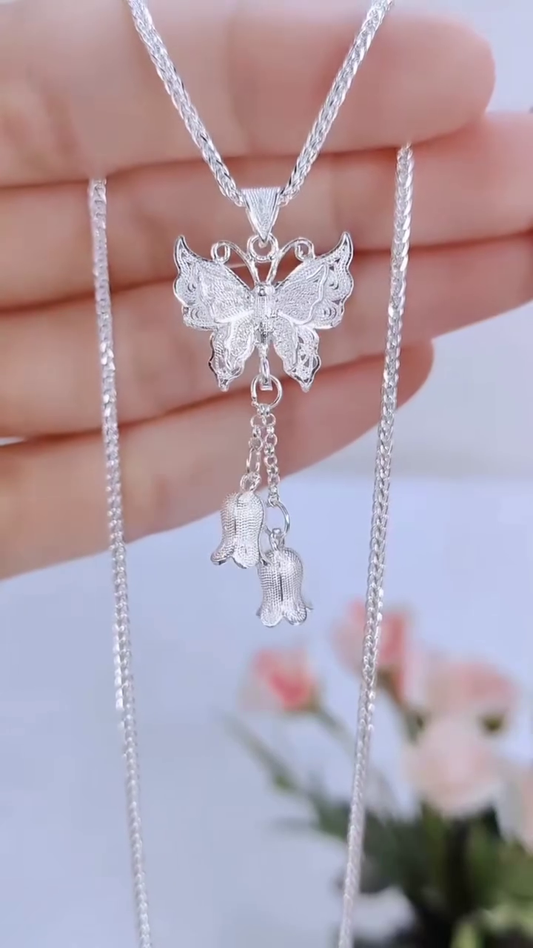 Elegant Sterling Silver Double Layer Chain Necklace with Filigree Butterfly and Floral Drop Charms
