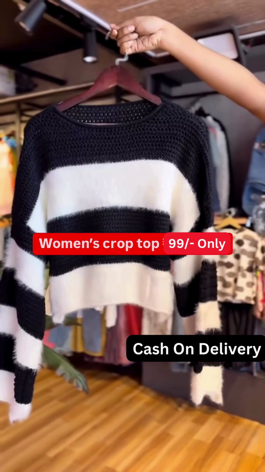 Stylish Women’s Chunky Knit Striped Crop Top with Long Sleeves