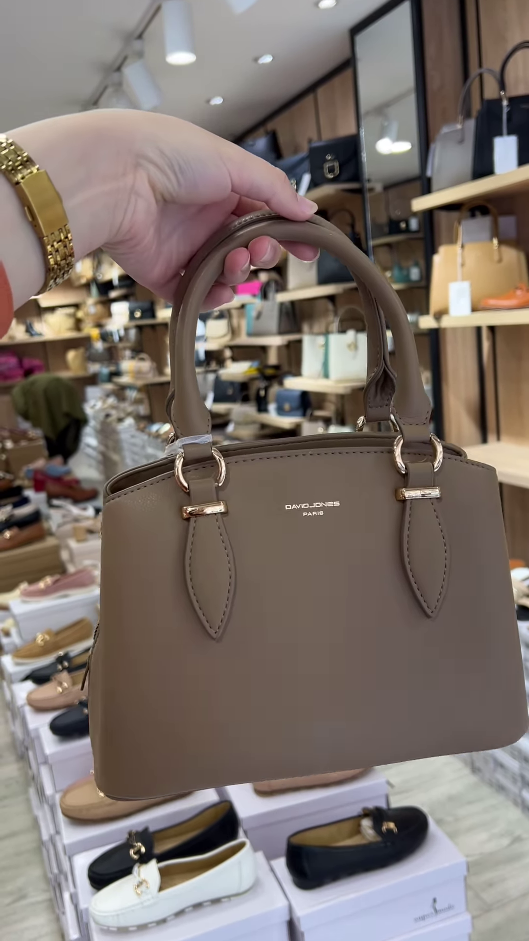 Elegant Structured Top Handle Satchel Handbag in Taupe with Gold-Tone Hardware