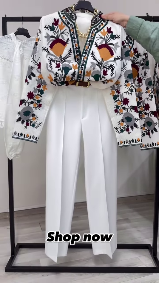 Elegant Women’s Embroidered Jacket and High-Waisted White Pants Set