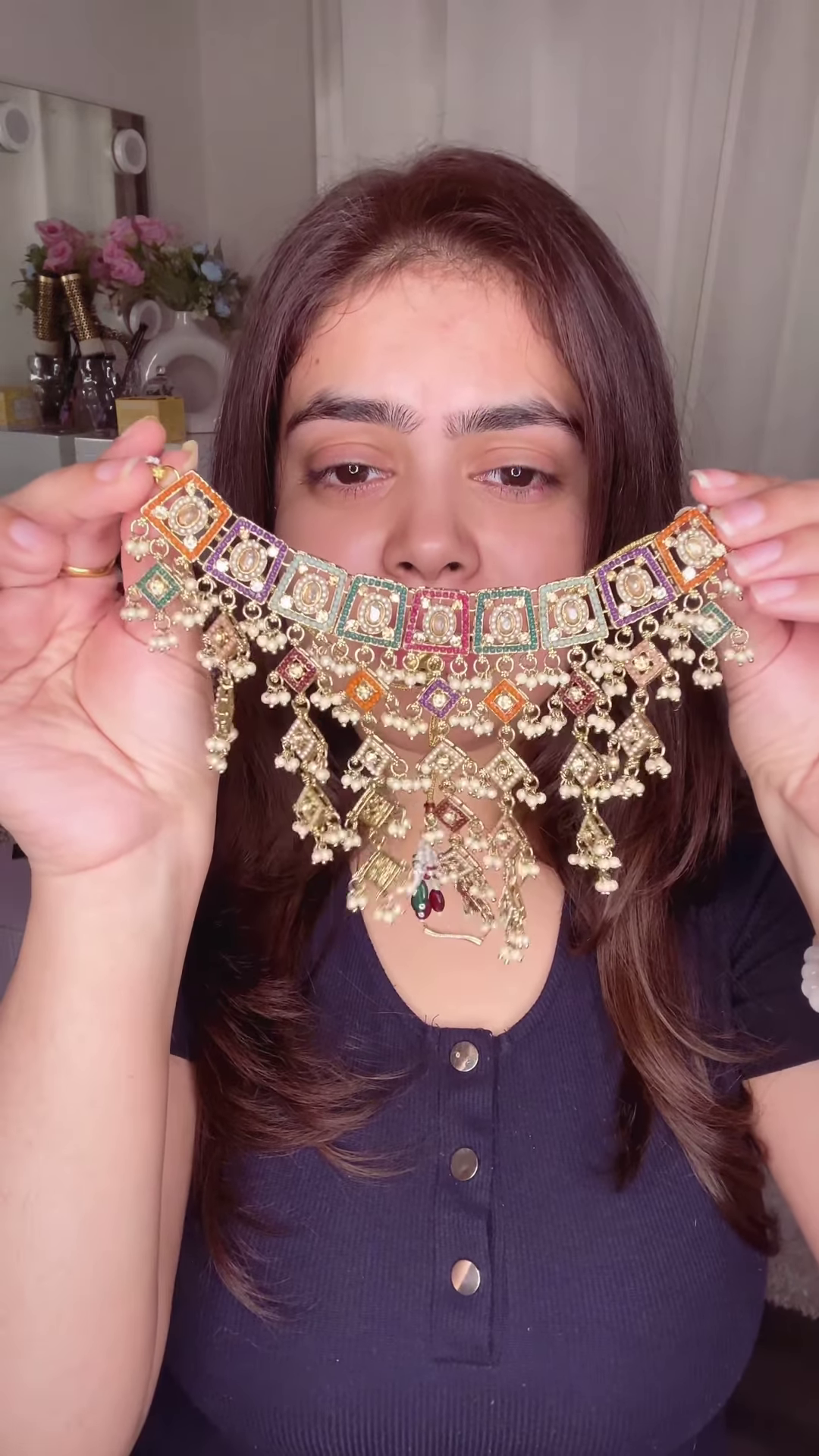 Stunning Kundan Necklace Set with Intricate Gemstone Detailing and Pearl Drops