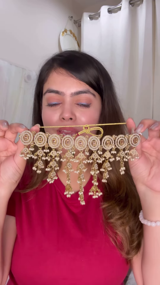Ornate Gold-Toned Kundan Choker Necklace with Cascading Pearl Drops