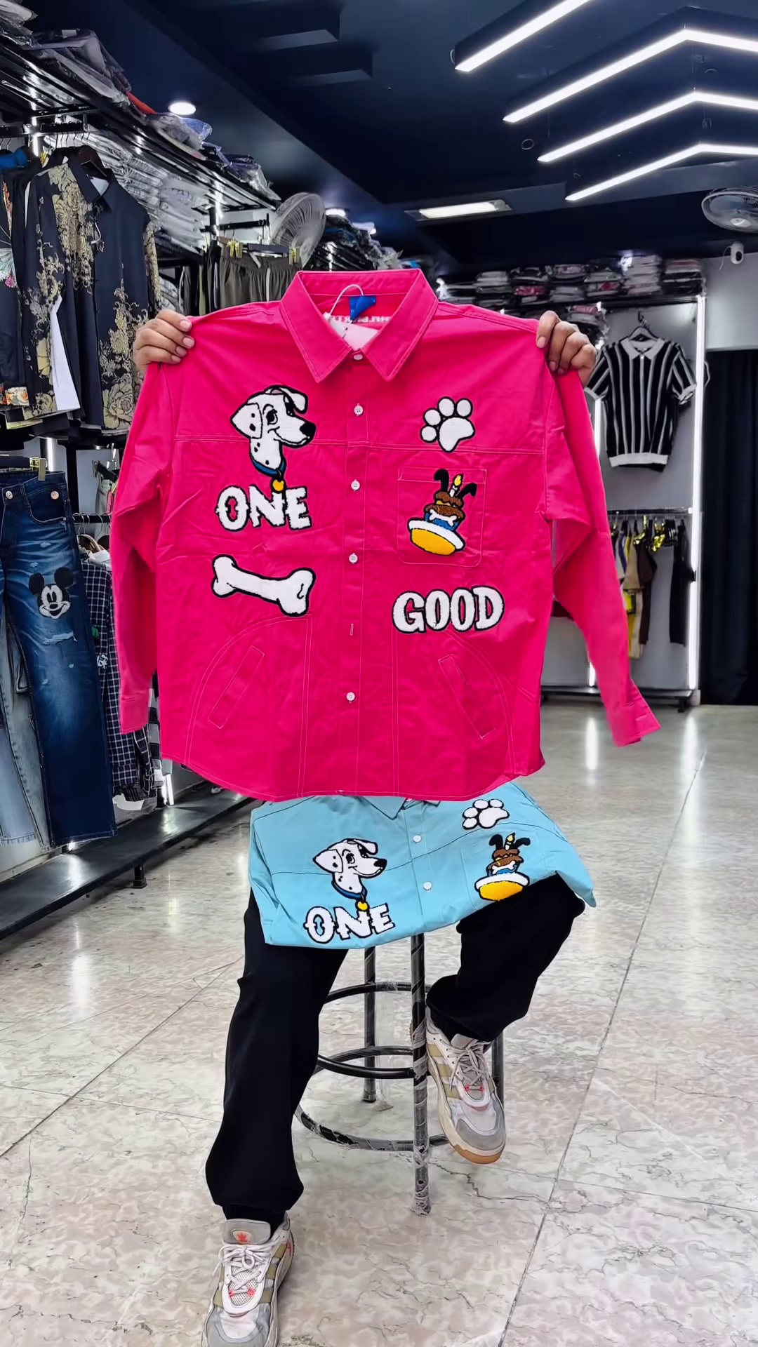 Unique Hand-Painted Cartoon Denim Shirt for Men with Christmas Theme