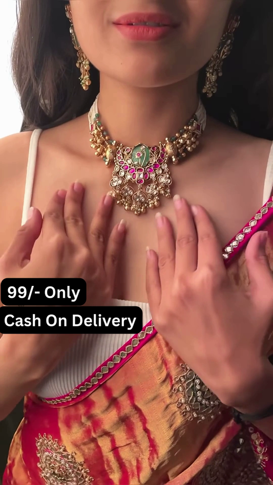 Exquisite Kundan Choker Necklace Set with Green Stone and Pearl Drops