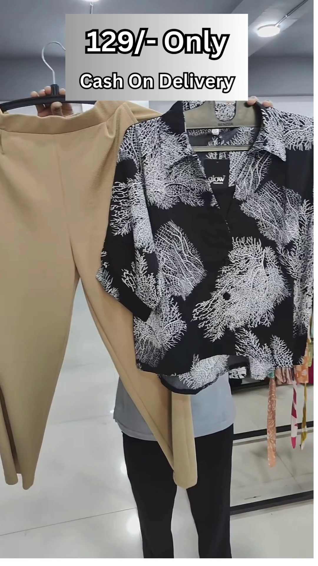 Trendy Women’s Olive Green and White Zigzag Embroidered Top with Black Pants Set