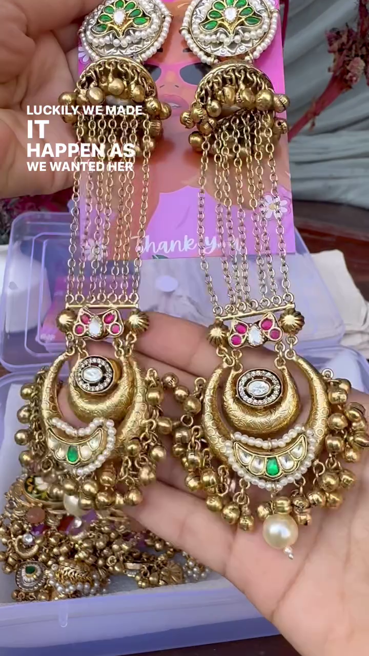 Exquisite Gold-Toned Jhumka Earrings with Kundan, Gemstones, and Pearl Details