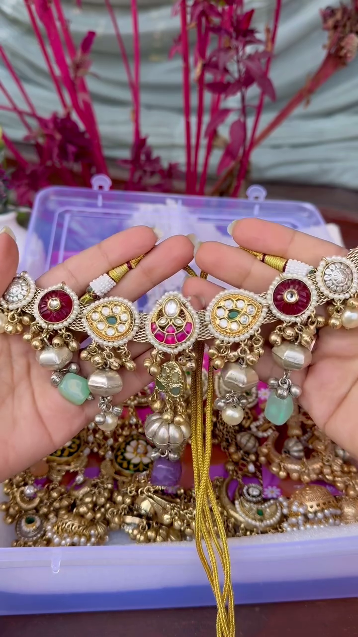 Exquisite Gold-Toned Jhumka Earrings with Kundan, Gemstones, and Pearl Details