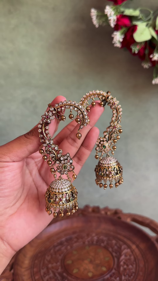 Intricate Gold-Toned Ear Cuffs with Jhumkas, Kundan, and Gemstone Details