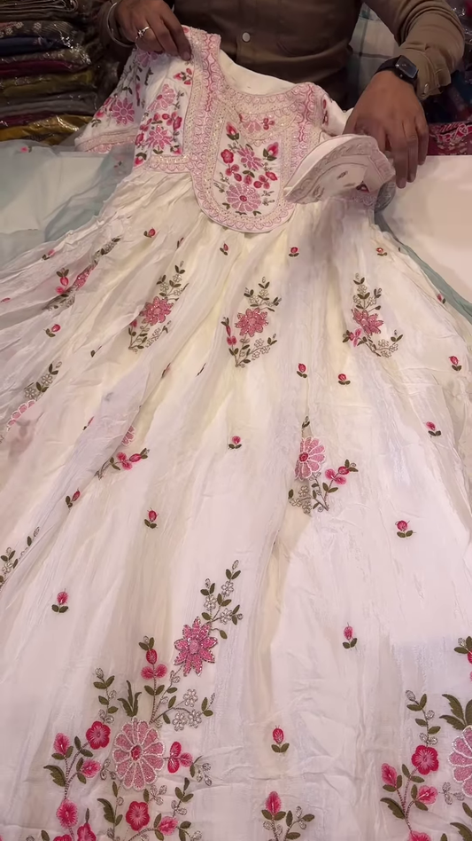 Elegant White Anarkali Kurta with Pink Floral Embroidery and Sheer Sleeves