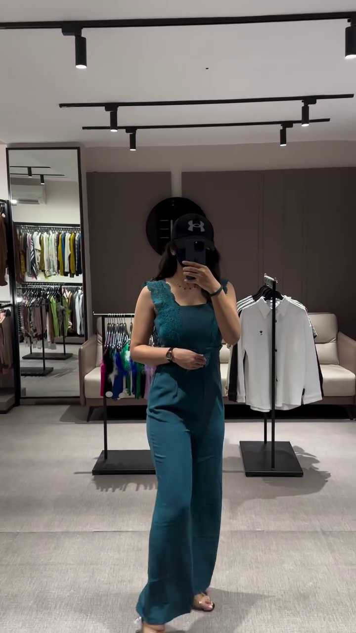 Stylish Blue Jumpsuit with Lace Detail and Wide Legs