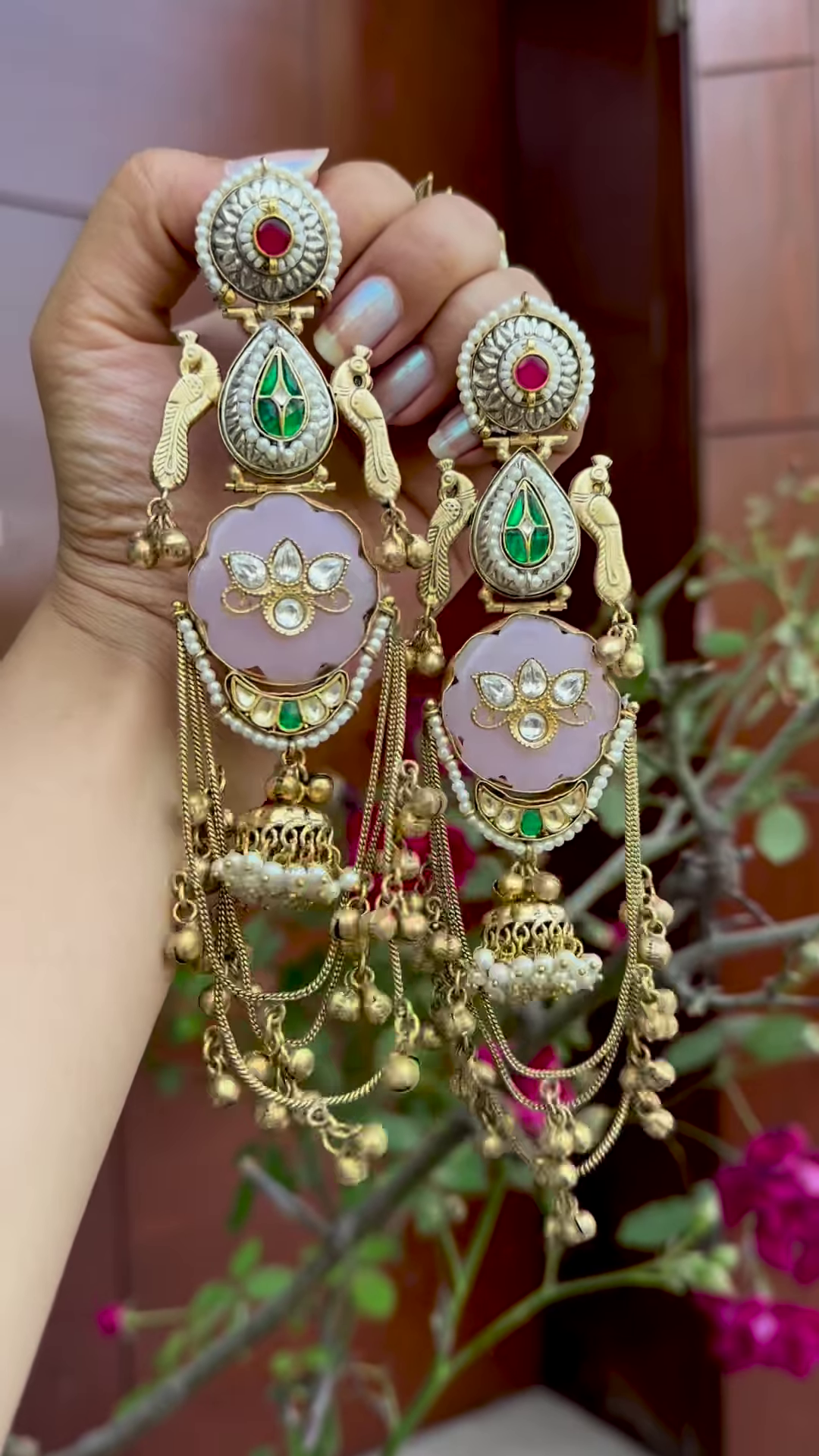 Opulent Gold-Toned Jhumka Earrings with Kundan, Gemstones, and Pearl Details