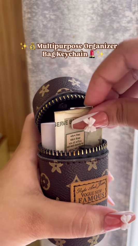 Compact Cylinder Keychain Bag with Zipper and Decorative Scarf