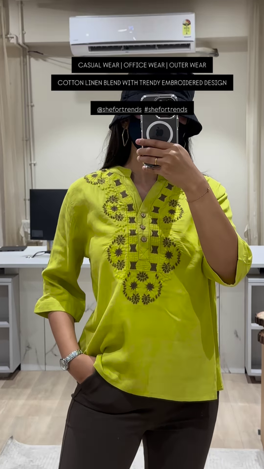 Trendy Embroidered Cotton Linen Blend Top for Casual, Office, and Outer Wear