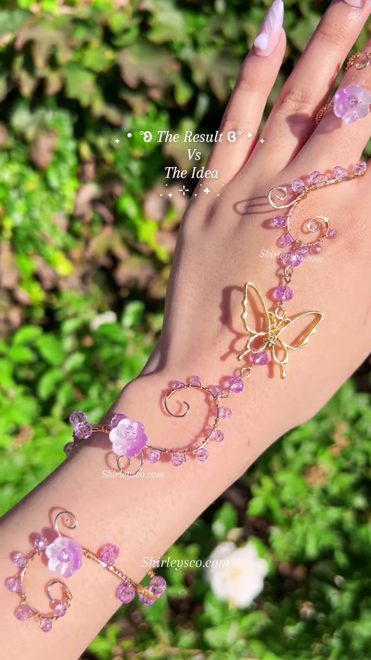 Whimsical Fairy Hand Bracelet with Butterfly, Flowers, and Crystal Beads