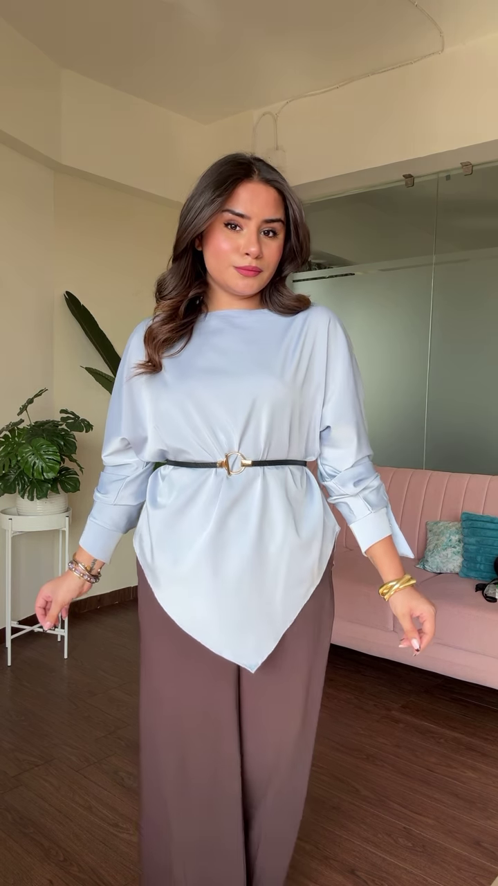 Elegant Satin Blouse with Twisted Front Detail and Long Sleeves