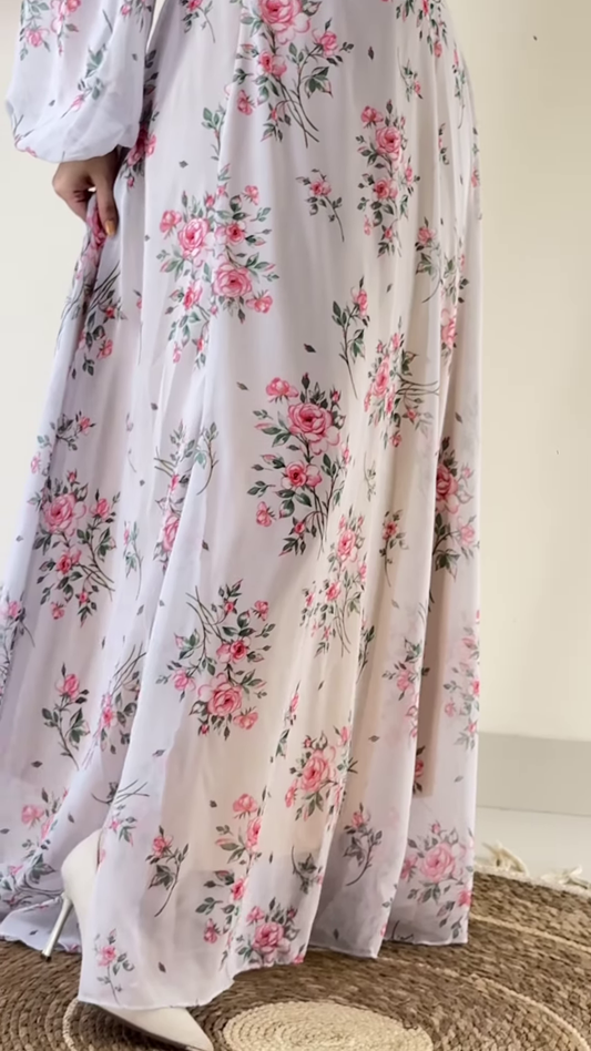 Romantic Floral Print Midi Dress with Sheer Sleeves and Lace Trim