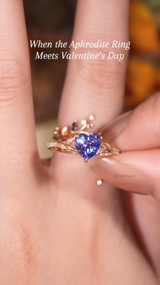 Gemsmagic Aphrodite Ring: Heart-Shaped Tanzanite and Leaf Vine Ring