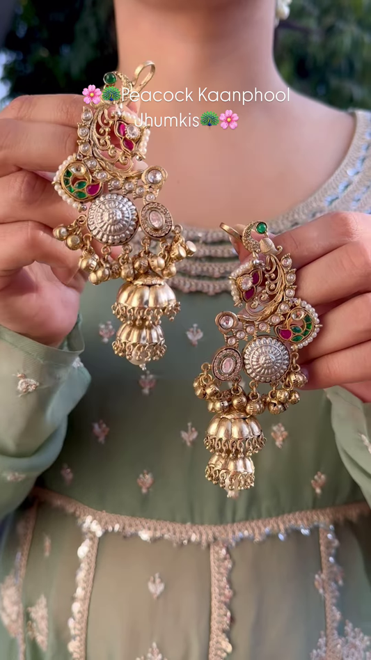 Exquisite Peacock Kaanphool Jhumki Earrings with Kundan and Enamel