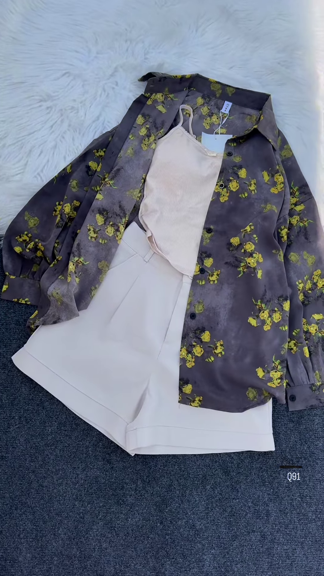 Floral Print Long-Sleeved Shirt with Tank Top and High-Waisted Shorts Set