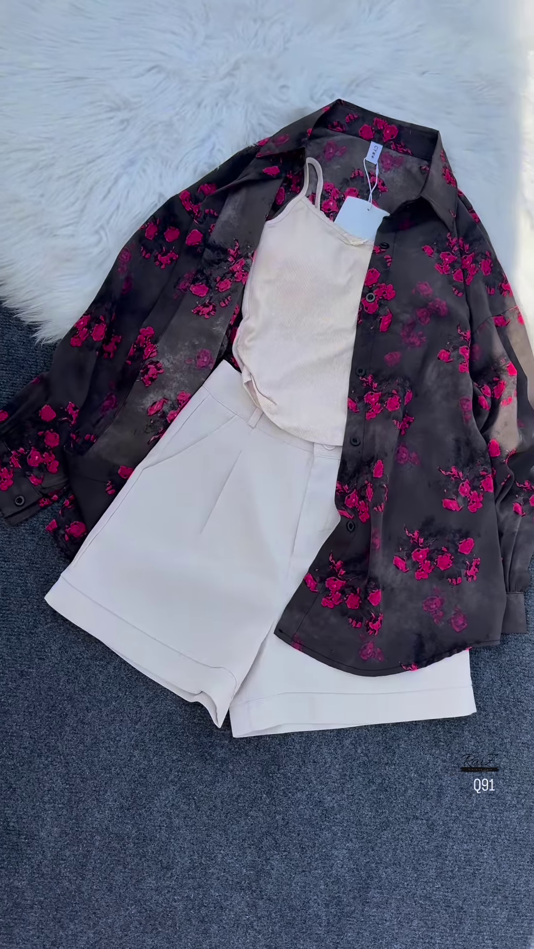 Floral Print Long-Sleeved Shirt with Tank Top and High-Waisted Shorts Set