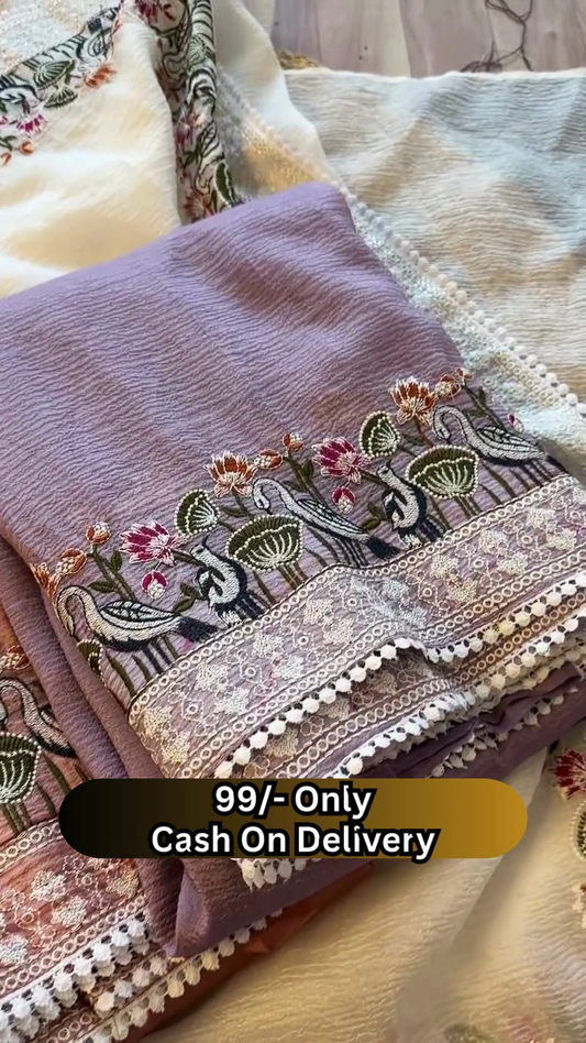 Elegant Off-White Saree with Floral and Bird Embroidered Border