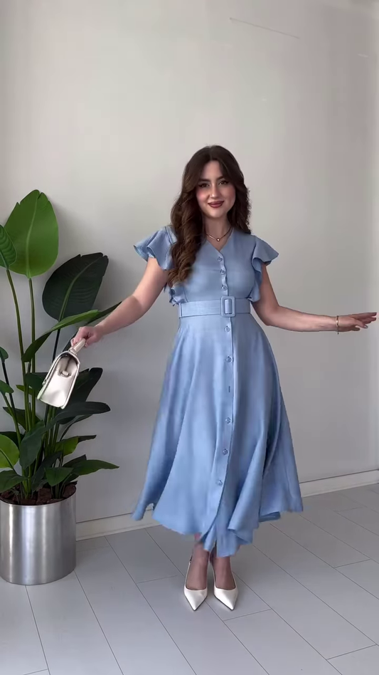 Elegant Light Blue Midi Dress with Ruffle Sleeves, Belt, and Button Front