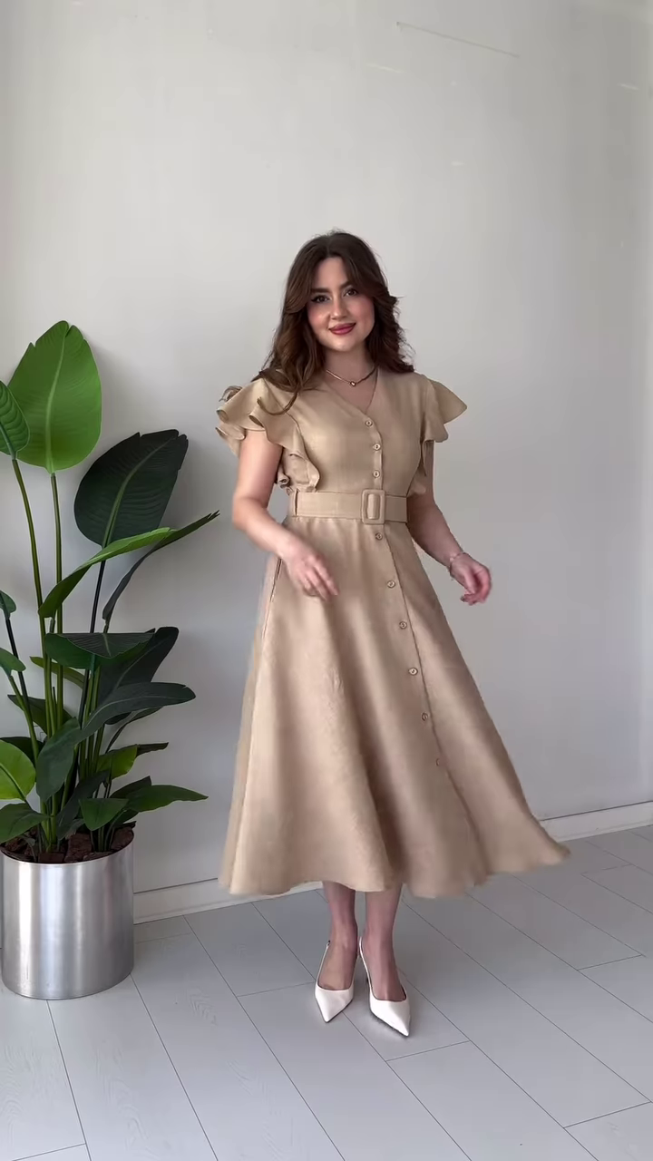 Elegant Light Blue Midi Dress with Ruffle Sleeves, Belt, and Button Front