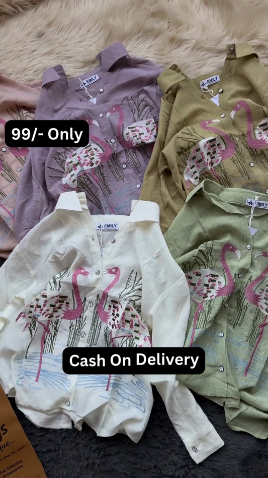 Stylish Flamingo Print Long-Sleeved Button-Up Shirt