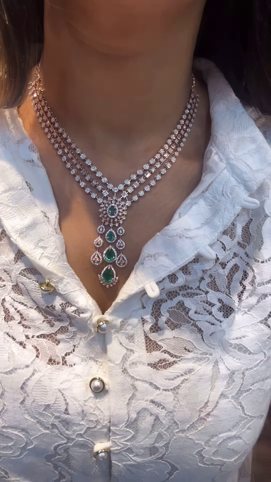 Exquisite Multi-Strand Diamond and Emerald Necklace in Gold Tone