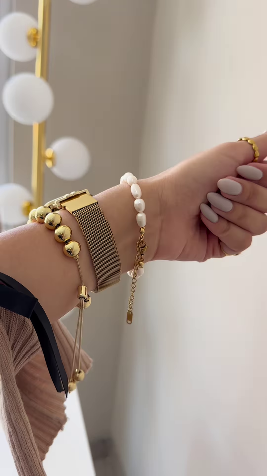 Layered Bracelet Set with Mesh Band, Spherical Beads, and Freshwater Pearls