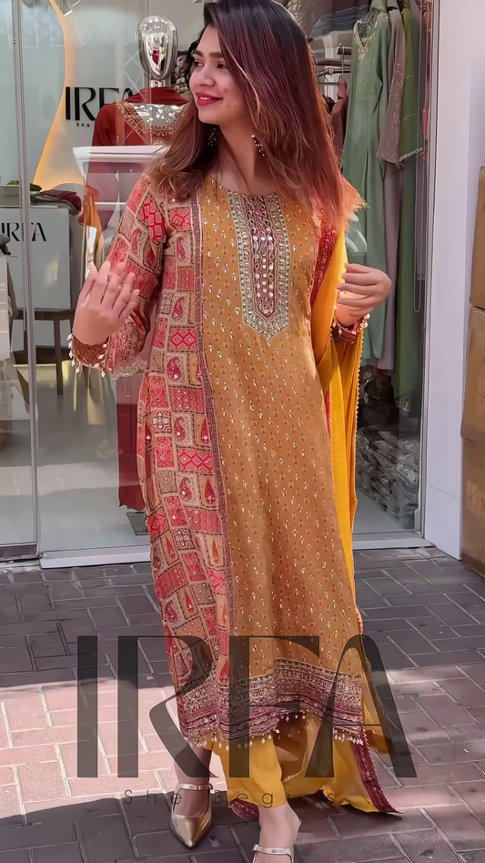 Elegant Printed Straight-Cut Kurti with Embellished Neckline and Coordinating Bottoms