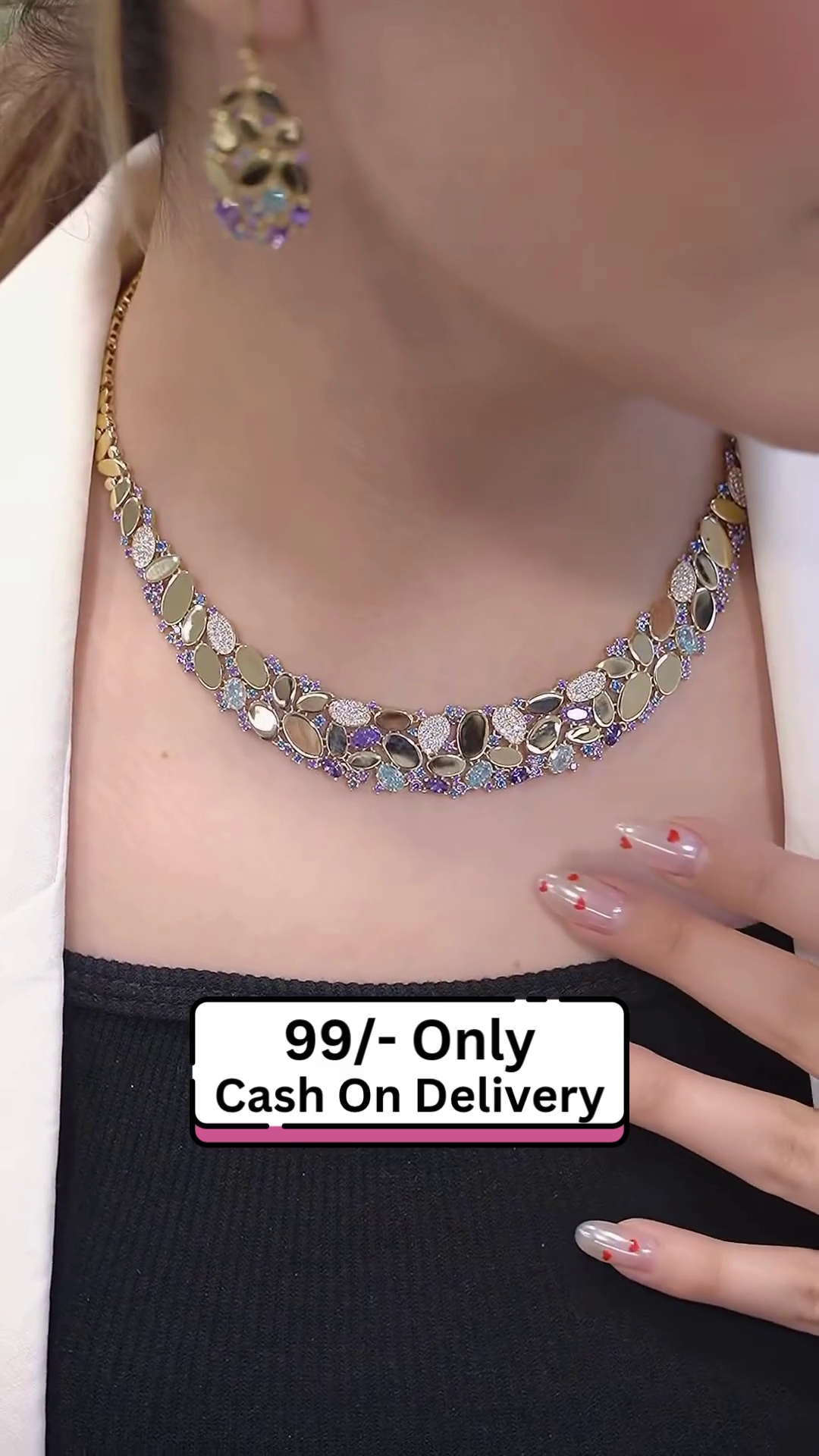 Gold-Toned Floral Necklace with Purple and White Stones – Elegant Party Wear Jewelry for Women