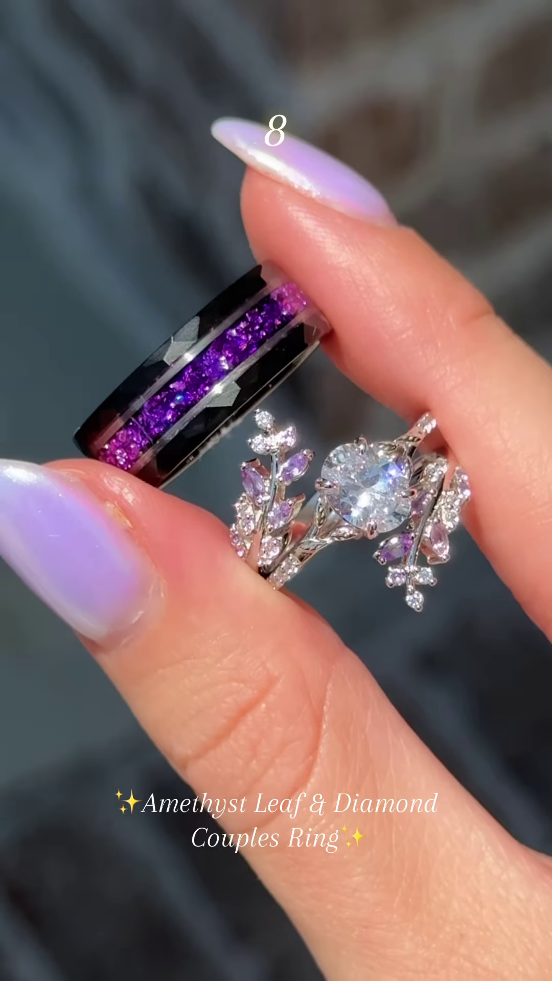 Elegant Two-Tone Couple's Ring Set: Modern Black Band with Purple Sparkle & Silver-Toned Leaf-Inspired Ring with Clear and Lilac Gemstones