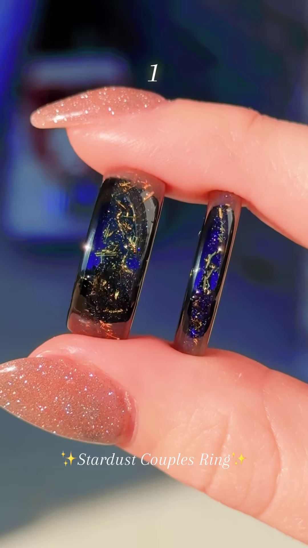 Elegant Two-Tone Couple's Ring Set: Modern Black Band with Purple Sparkle & Silver-Toned Leaf-Inspired Ring with Clear and Lilac Gemstones