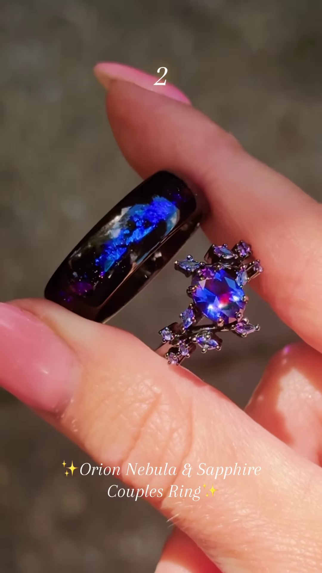 Elegant Two-Tone Couple's Ring Set: Modern Black Band with Purple Sparkle & Silver-Toned Leaf-Inspired Ring with Clear and Lilac Gemstones