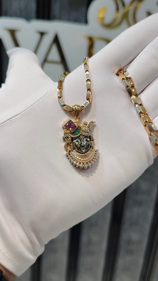 Exquisite Gold-Toned Devotional Pendant Necklace with Intricate Gemstone Embellishments and Dual-Texture Chain