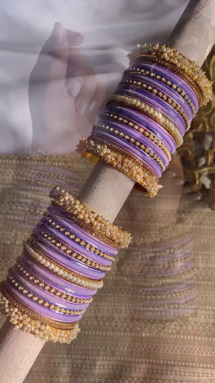 Vibrant Lilac and Gold-Toned Bangle Set with Pearl Accents and Studded Details