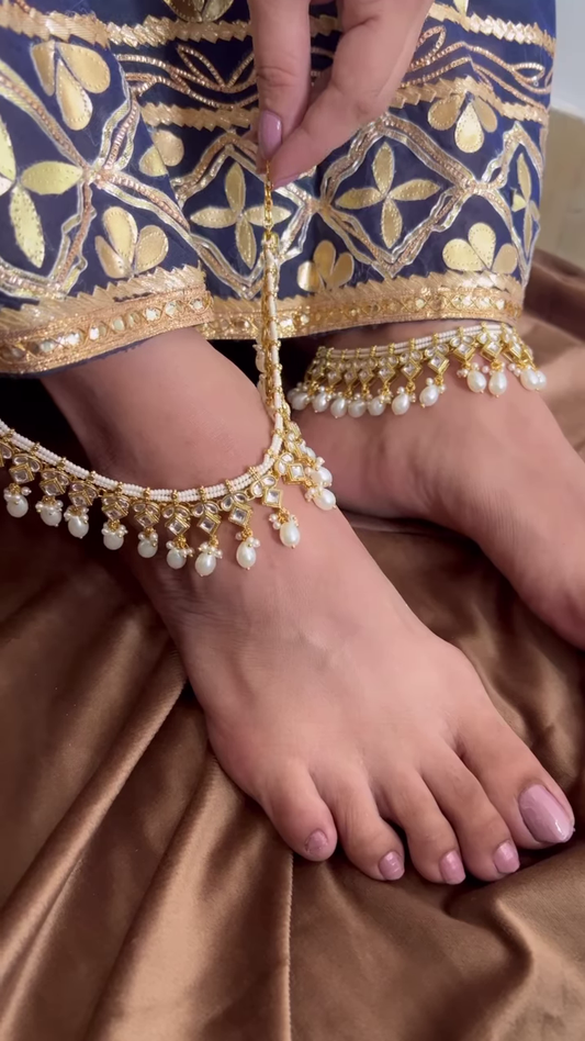 Exquisite Gold-Toned Traditional Anklets with Sparkling Uncut Stone Accents and Dangle Bells