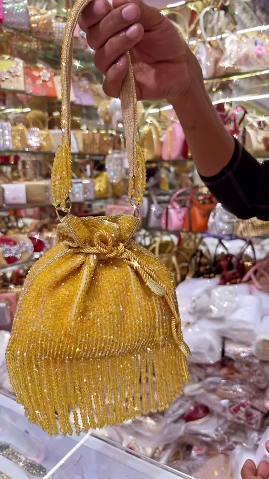 Exquisite White Beaded Potli Bag with Sparkling Embellishments and Tasseled Drawstring