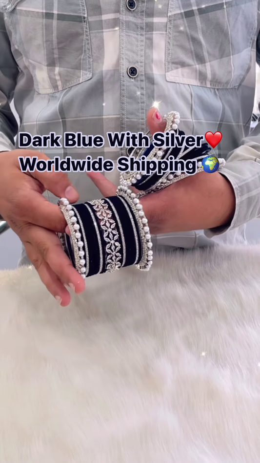 Elegant Navy Blue and Silver Bridal Bangle Set with Sparkle and Pearl Accents