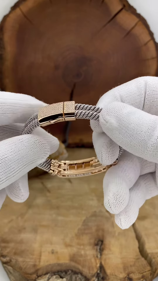 Sophisticated Two-Tone Cable Bracelet with Rose Gold-Toned Accents and Pavé Detailing