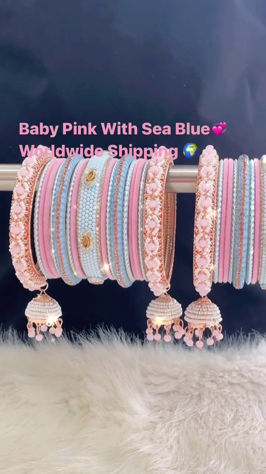 Vibrant Multi-Tone Bangle Set with Baby Pink, Sea Blue, and Embellished Charms