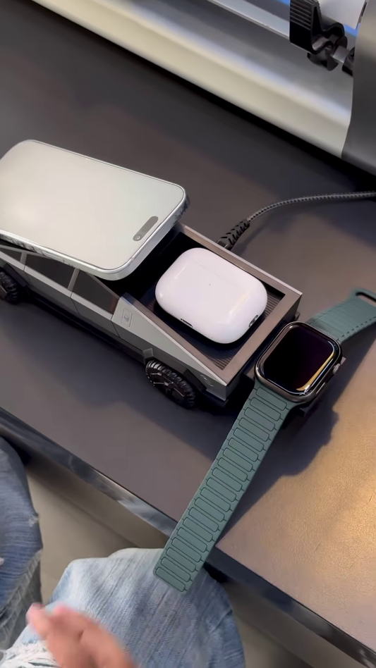 Futuristic Cybertruck Design Wireless Charging Station – 3-in-1 Charger for Phone, Earbuds & Smartwatch