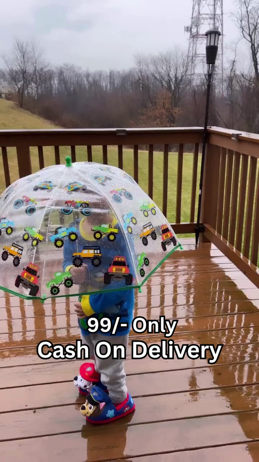 Transparent Kids Umbrella with Colorful Vehicle Print – Dome-Shaped Rain Protection for Boys & Girls