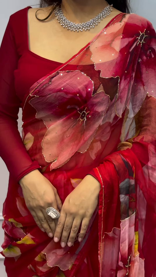 Romantic Ruby Red Floral Chiffon Saree with Gold Sequin Borders