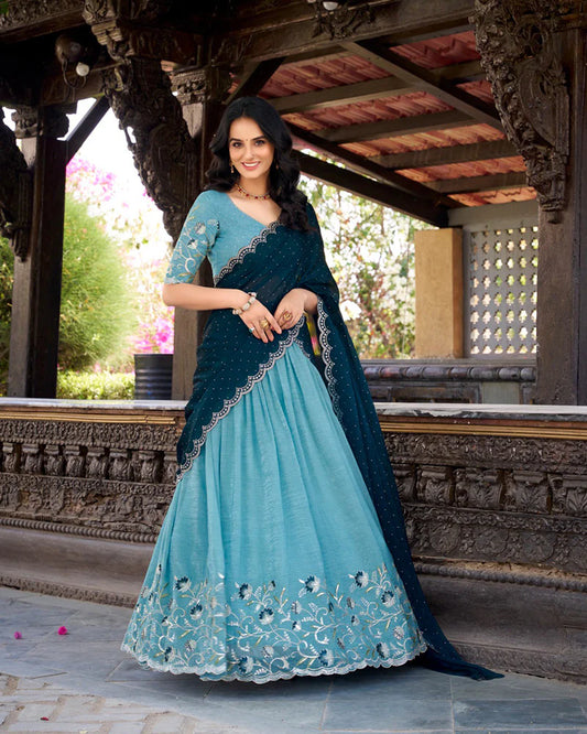 Royal Blue Color Tussar Silk Printed With Foil Work Lehenga Choli