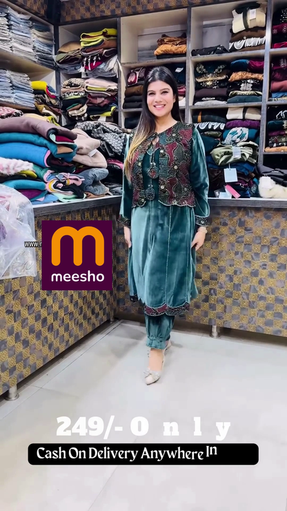 Deep Emerald Green Velvet Suit Set with Multi-Color Embroidered Koti Jacket – Premium Winter Festive Wear