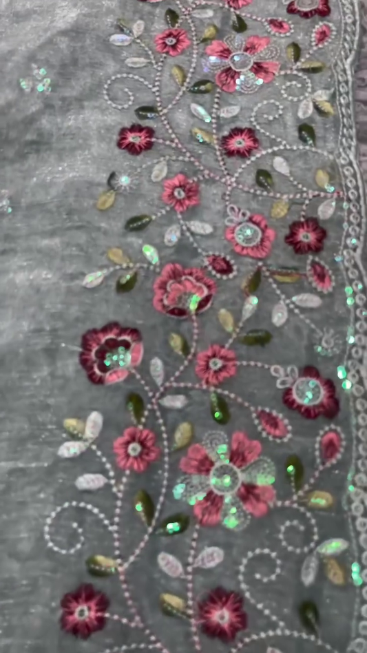 Sheer Grey Organza Fabric with Intricate Pink Floral Embroidery and Sequin Accents – Designer Boutique Material