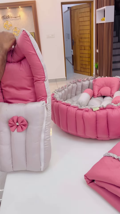 Premium Pink and Grey Quilted Baby Bedding Set with Matching Sleeping Bag and Pillow Accents